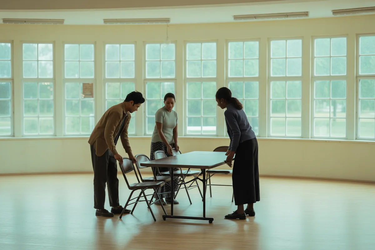 Three people setting out chairs around a folding table in a plain community meeting room.