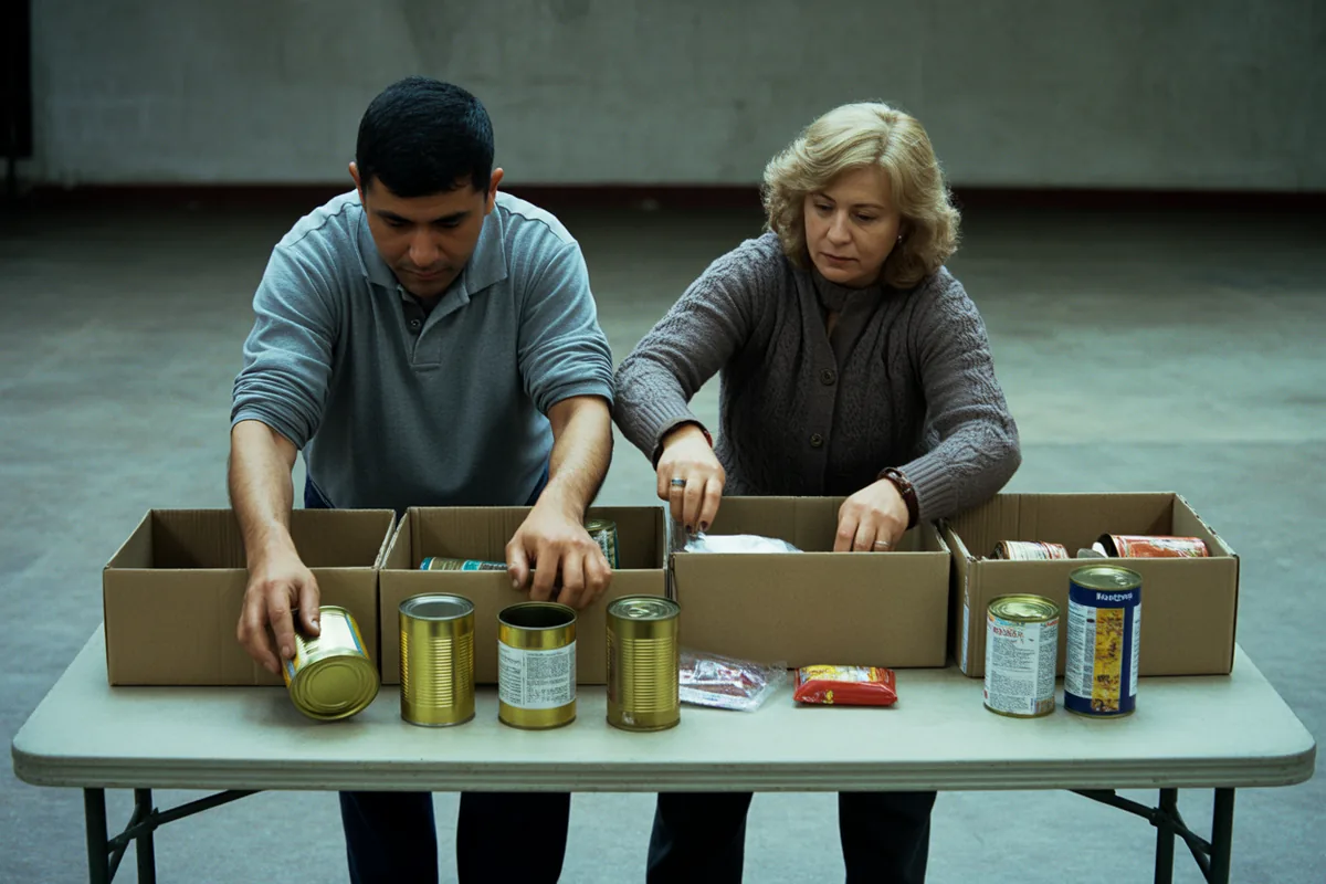 Two people packing tinned food into cardboard boxes on a folding table.