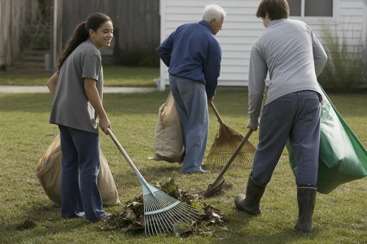 Neighbours raking leaves and filling yard-waste bags in a front yard on an overcast day.