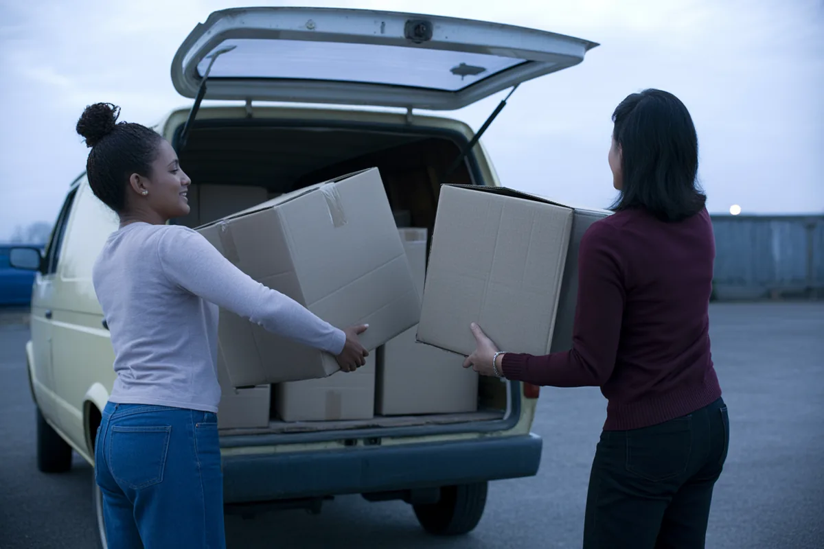 Two volunteers lifting boxes into the back of a van at dusk.