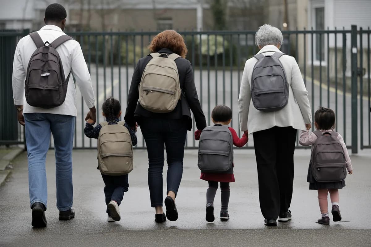 Adults and children walking home together from a school gate, seen from behind.