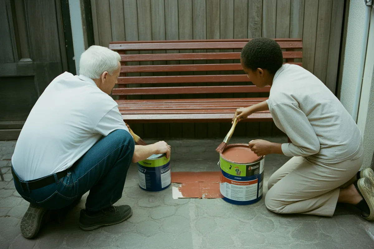 Two neighbours kneeling to repaint a weathered bench in a shared courtyard.