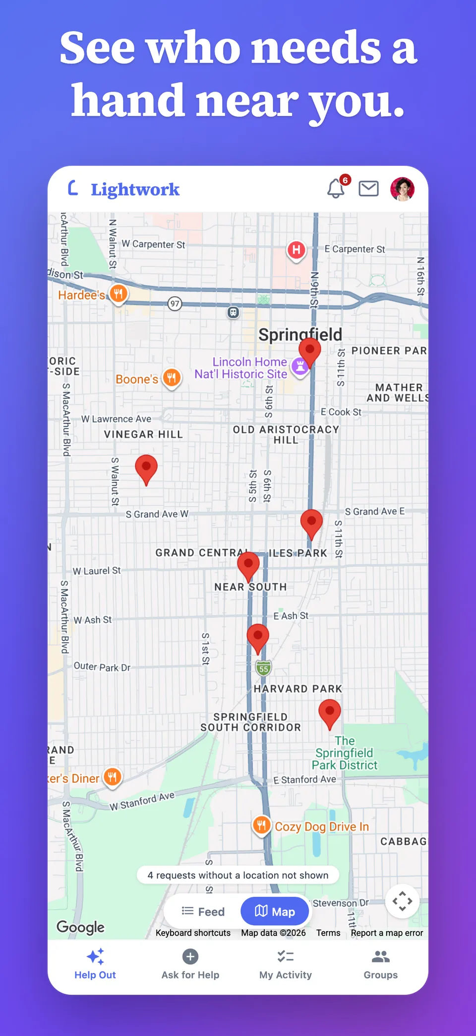 A map of open asks near you, with pins across the neighborhood so offering a hand is as easy as noticing one.