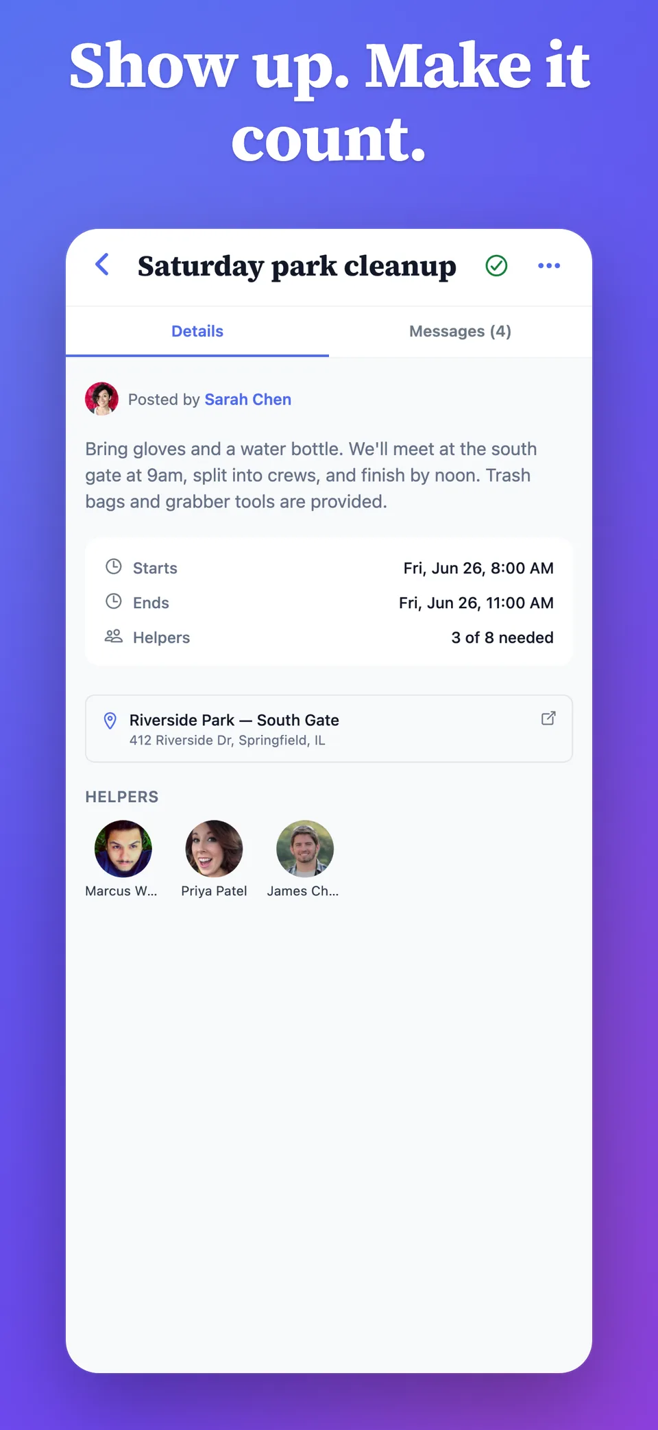 A request for a Saturday park cleanup, showing the time, the place, how many helpers are needed, and the neighbors who have already said yes.