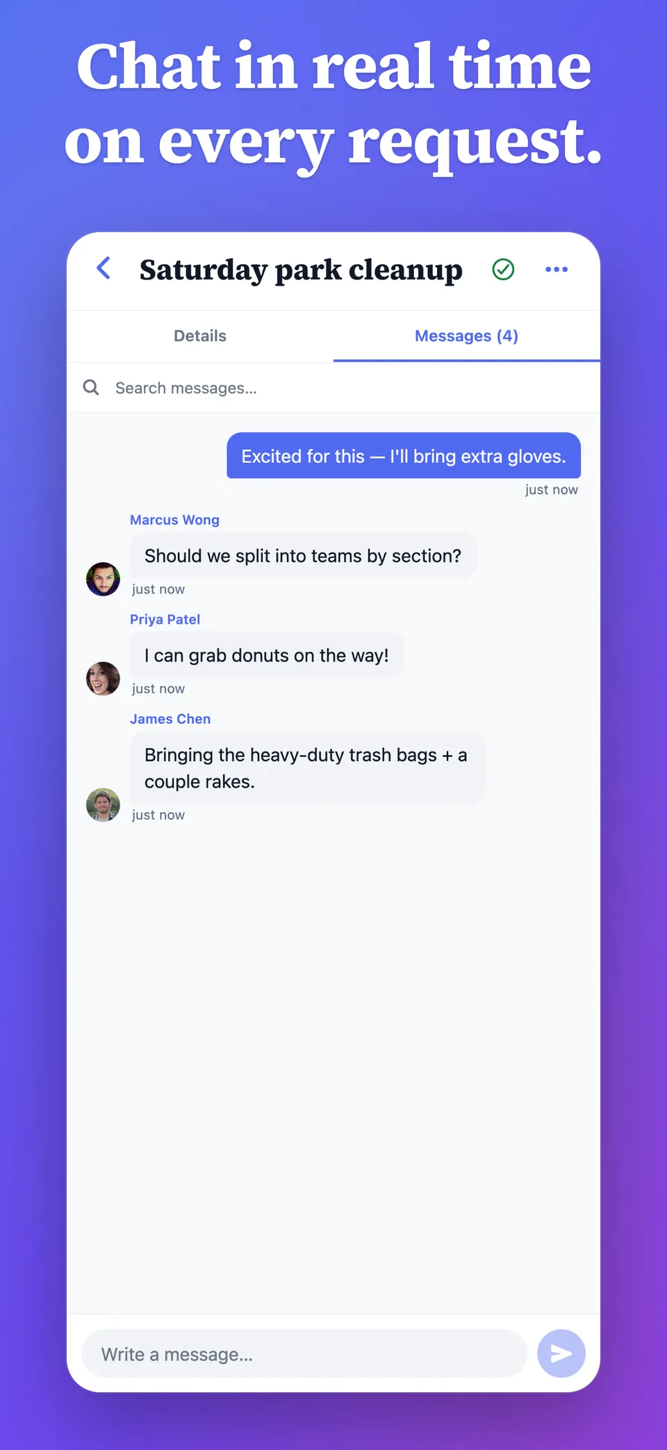 Neighbors working out the details of a park cleanup in a real-time chat on the request.