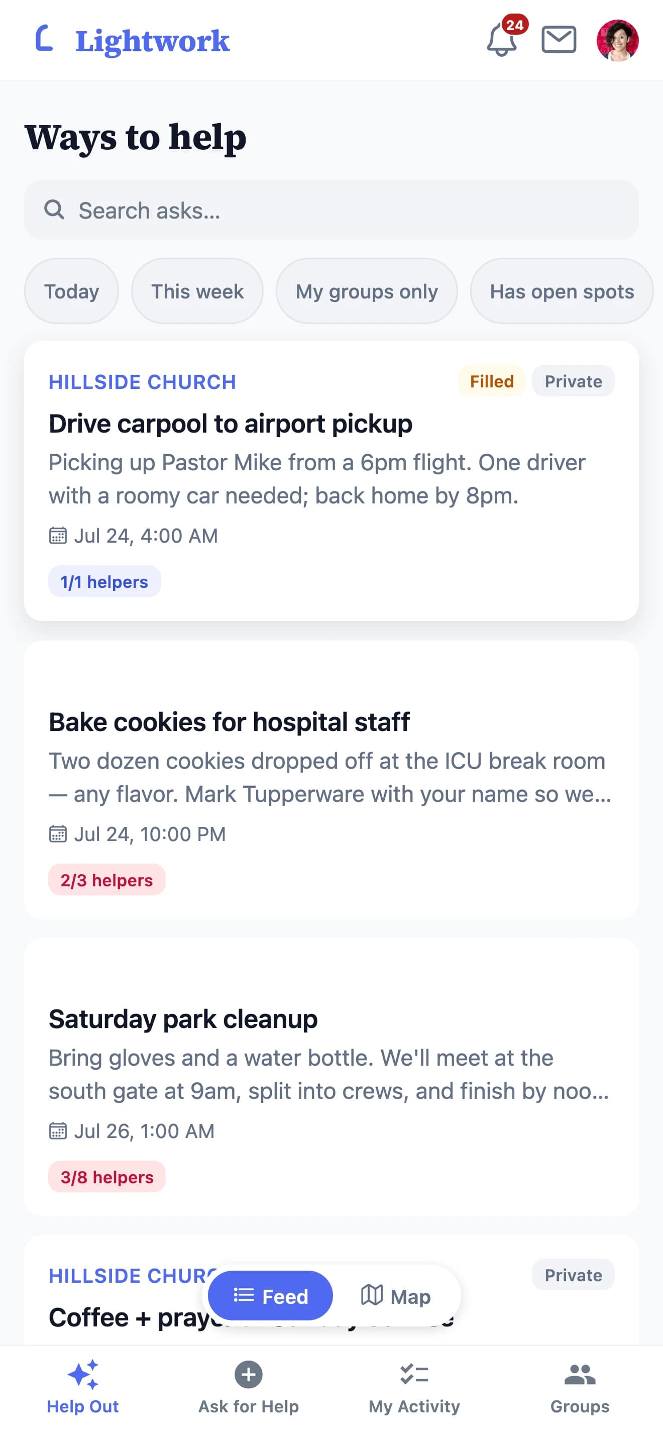 The Lightwork feed — a list of neighborly asks like a carpool to the airport, cookies for hospital staff, and a Saturday park cleanup, each showing how many helpers have signed on.