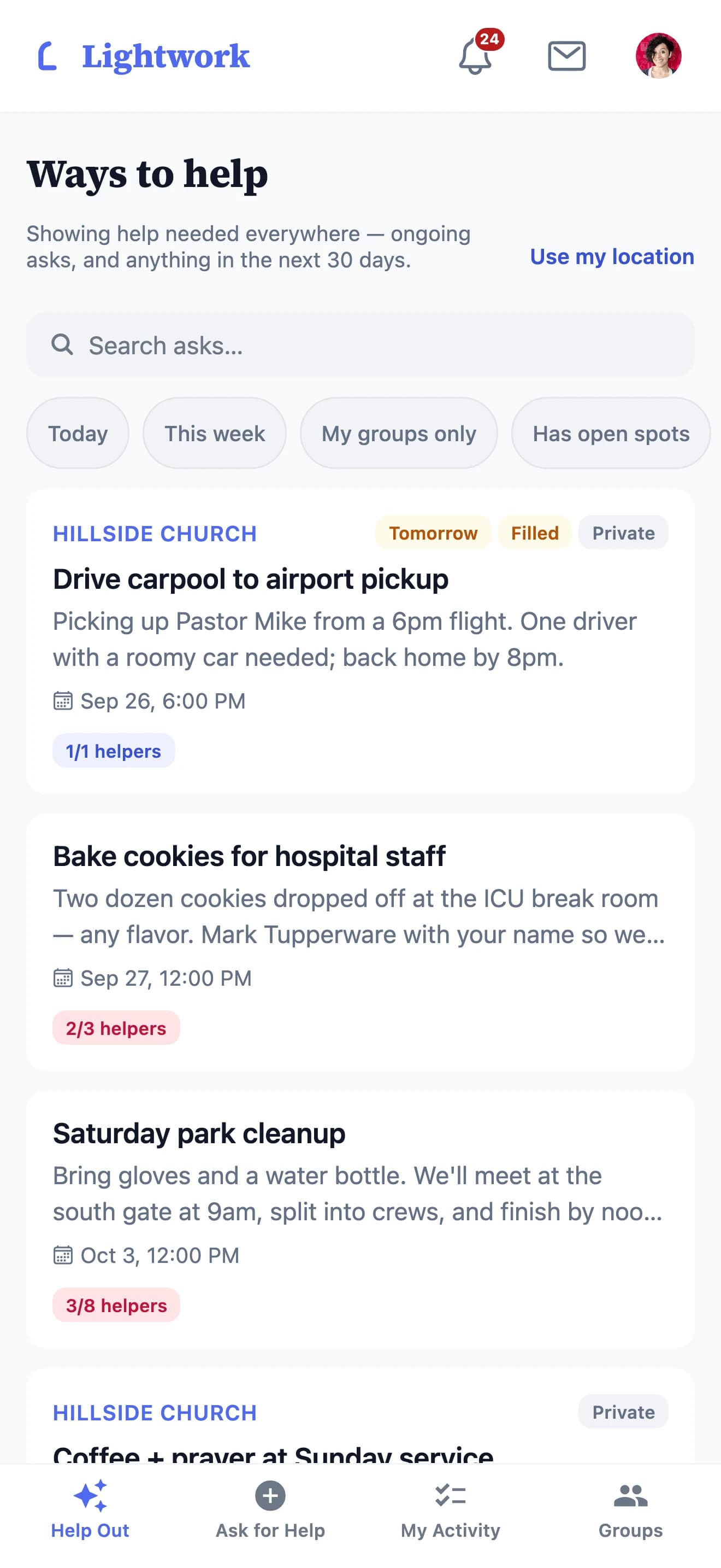 The Lightwork feed — a list of neighborly asks like a carpool to the airport, cookies for hospital staff, and a Saturday park cleanup, each showing how many helpers have signed on.