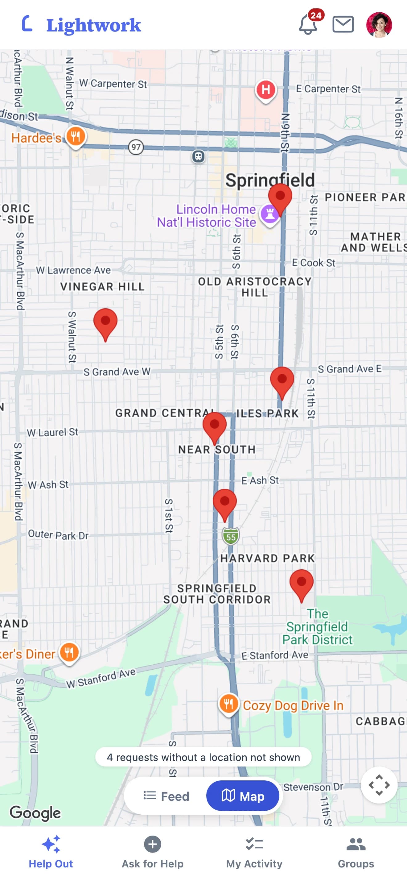 A map of open asks near you, pinned across the surrounding neighborhood.