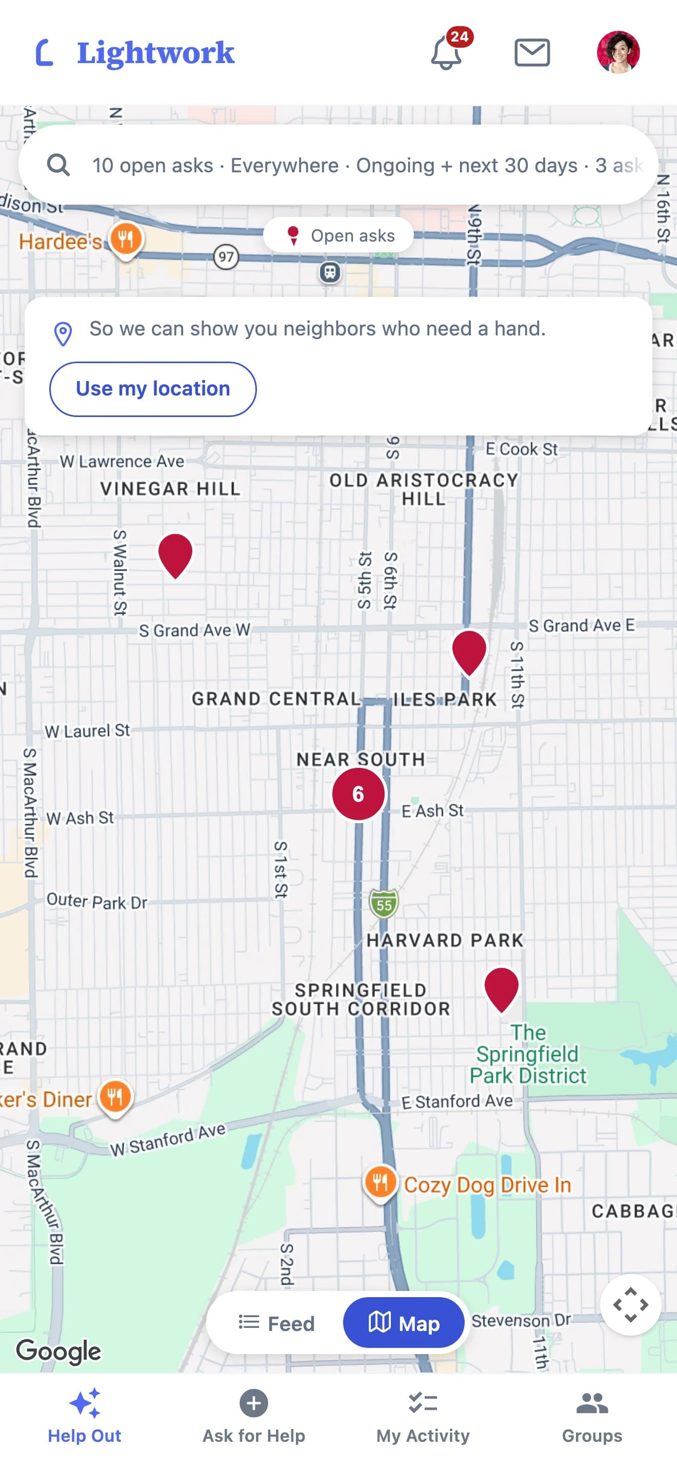A map of open asks near you, pinned across the surrounding neighborhood.