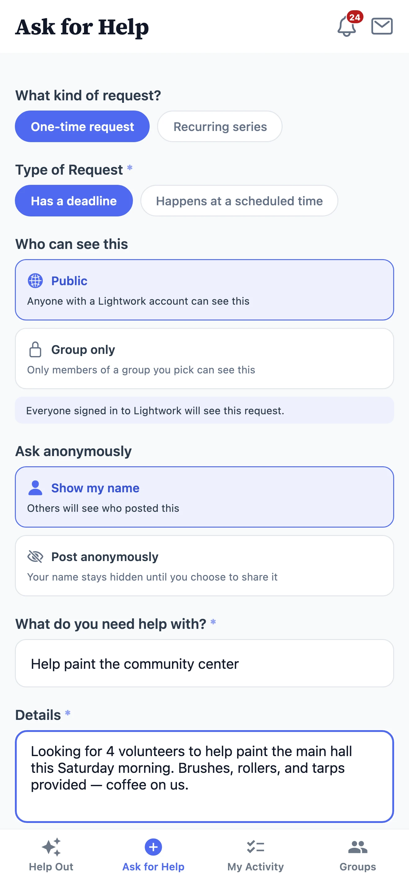 Posting an ask in Lightwork — pick who can see it, share your name or stay anonymous, and say what you need in a sentence.