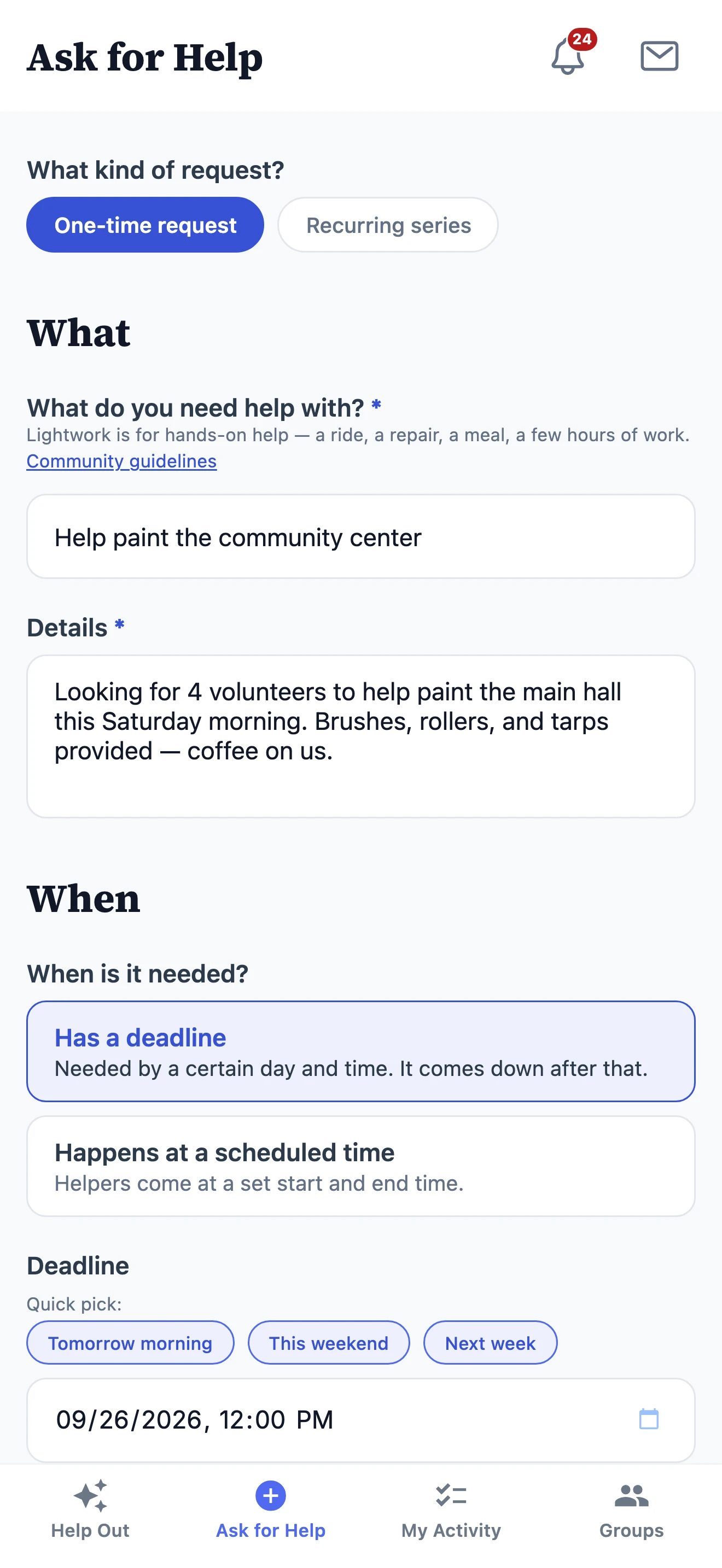 Posting an ask in Lightwork — pick who can see it, share your name or stay anonymous, and say what you need in a sentence.
