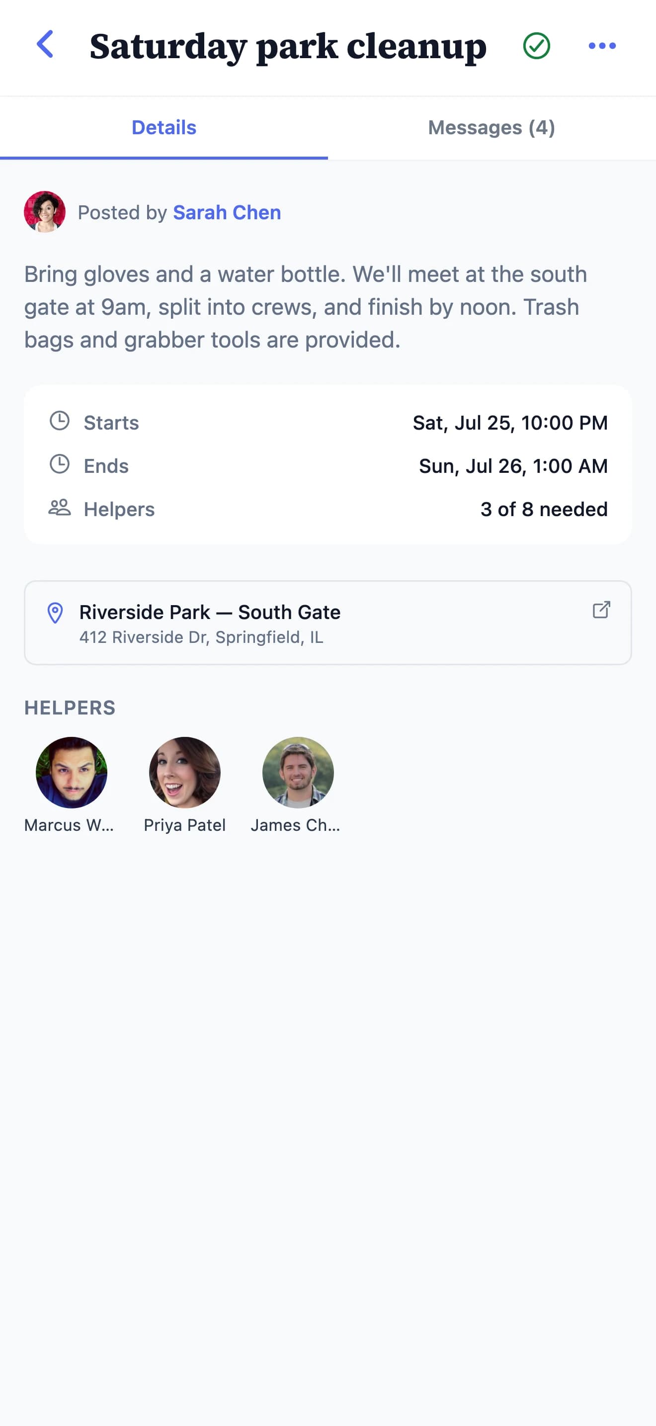 A request for a Saturday park cleanup, showing the time, the place, how many helpers are needed, and the neighbors who have already said yes.