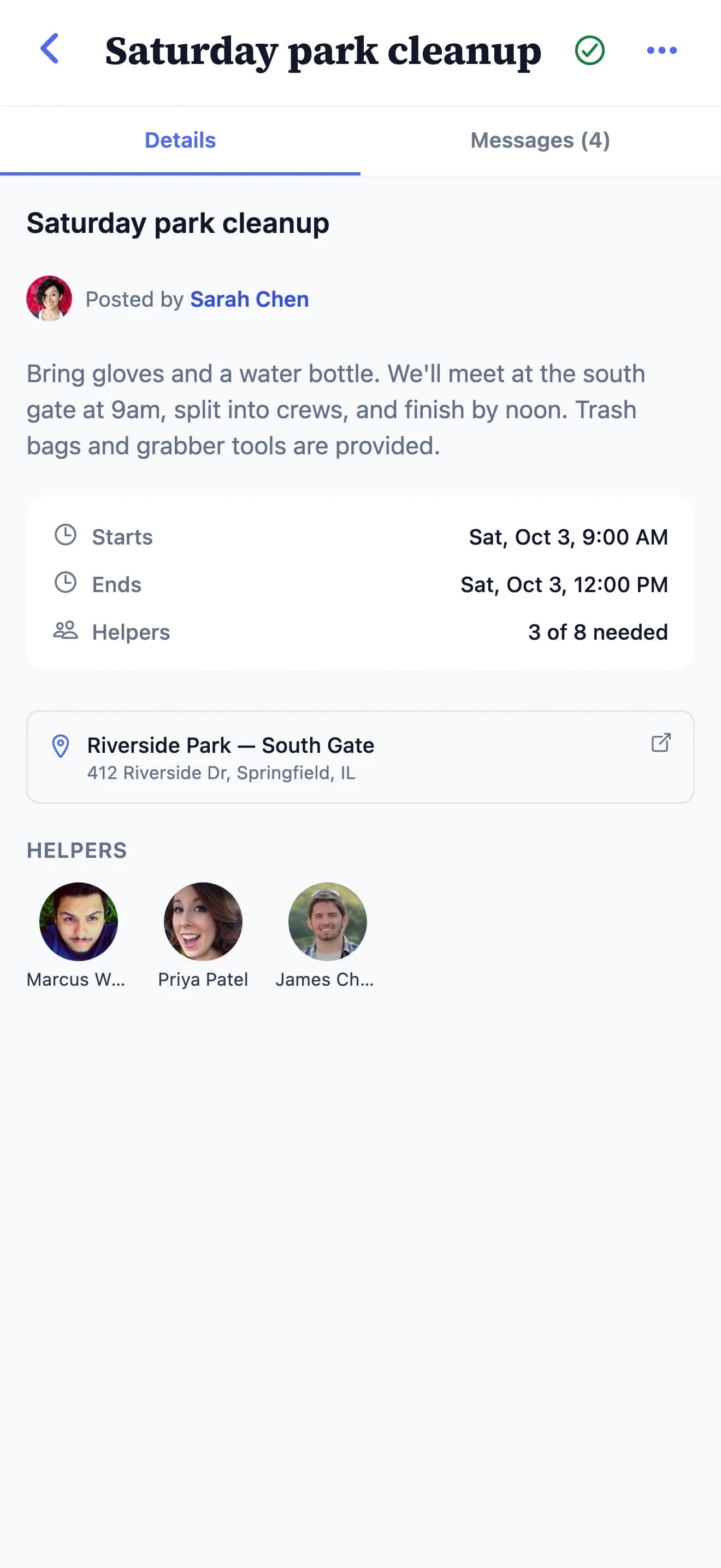A request for a Saturday park cleanup, showing the time, the place, how many helpers are needed, and the neighbors who have already said yes.