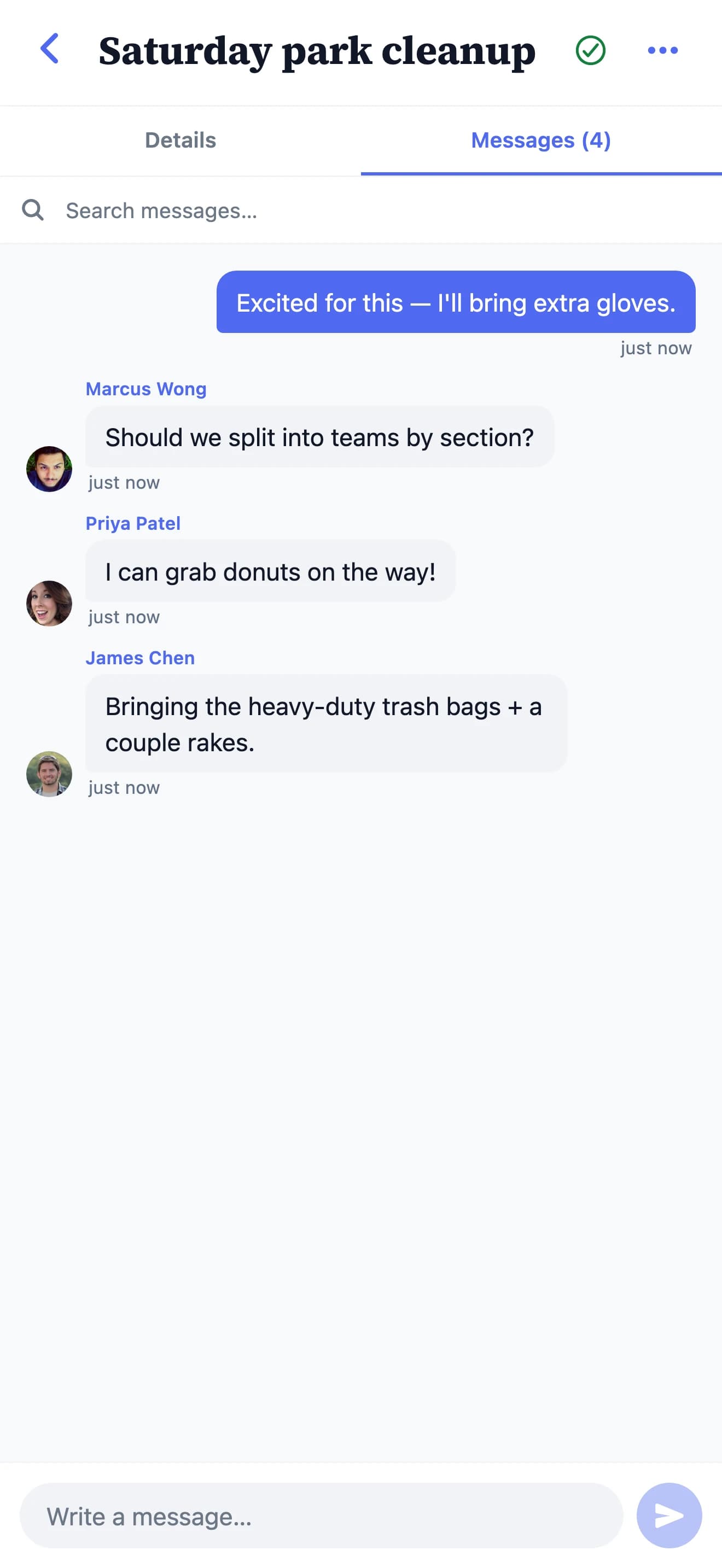 Neighbors working out the details of a park cleanup in a real-time chat on the request.