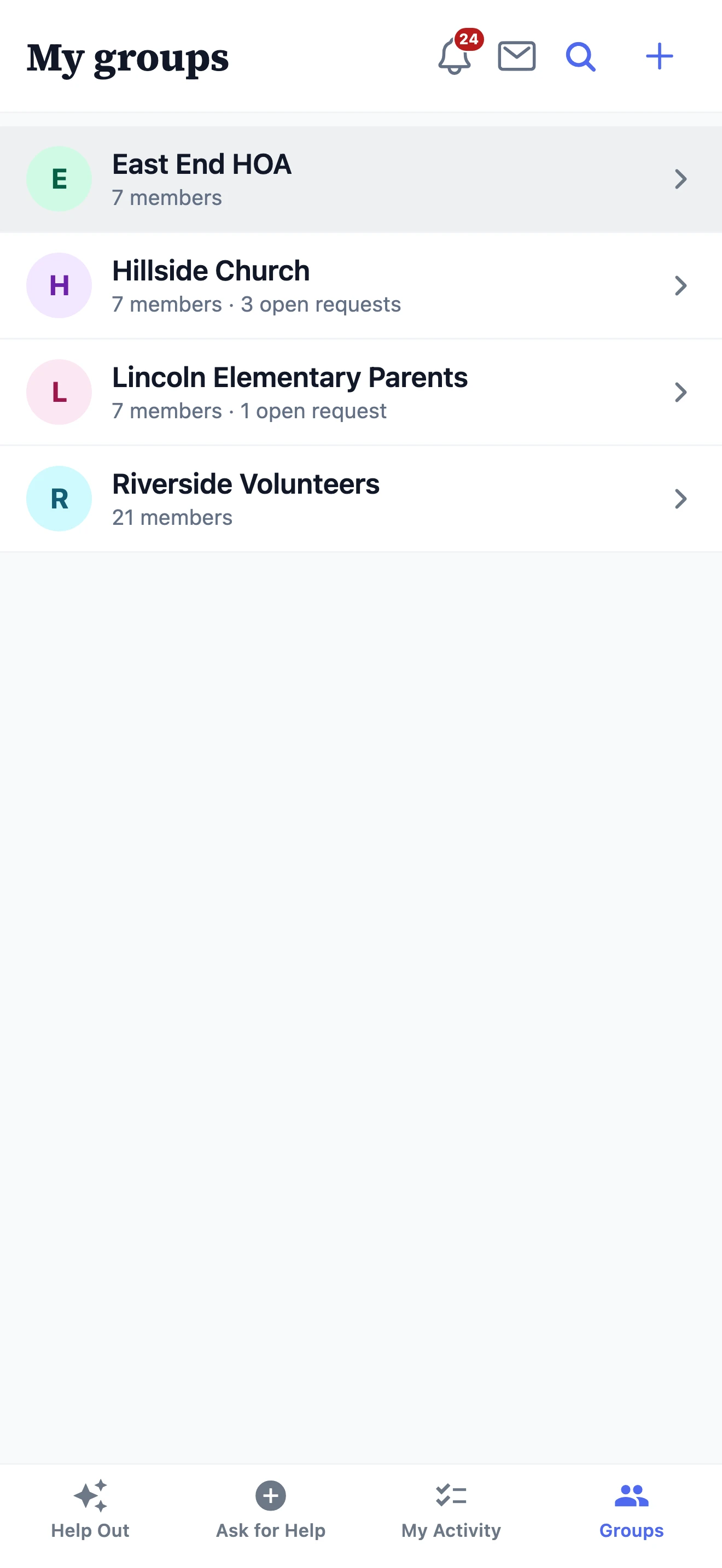 The groups you belong to — an HOA, a church, a school parents’ group, and a volunteer circle — each with its members and open requests.