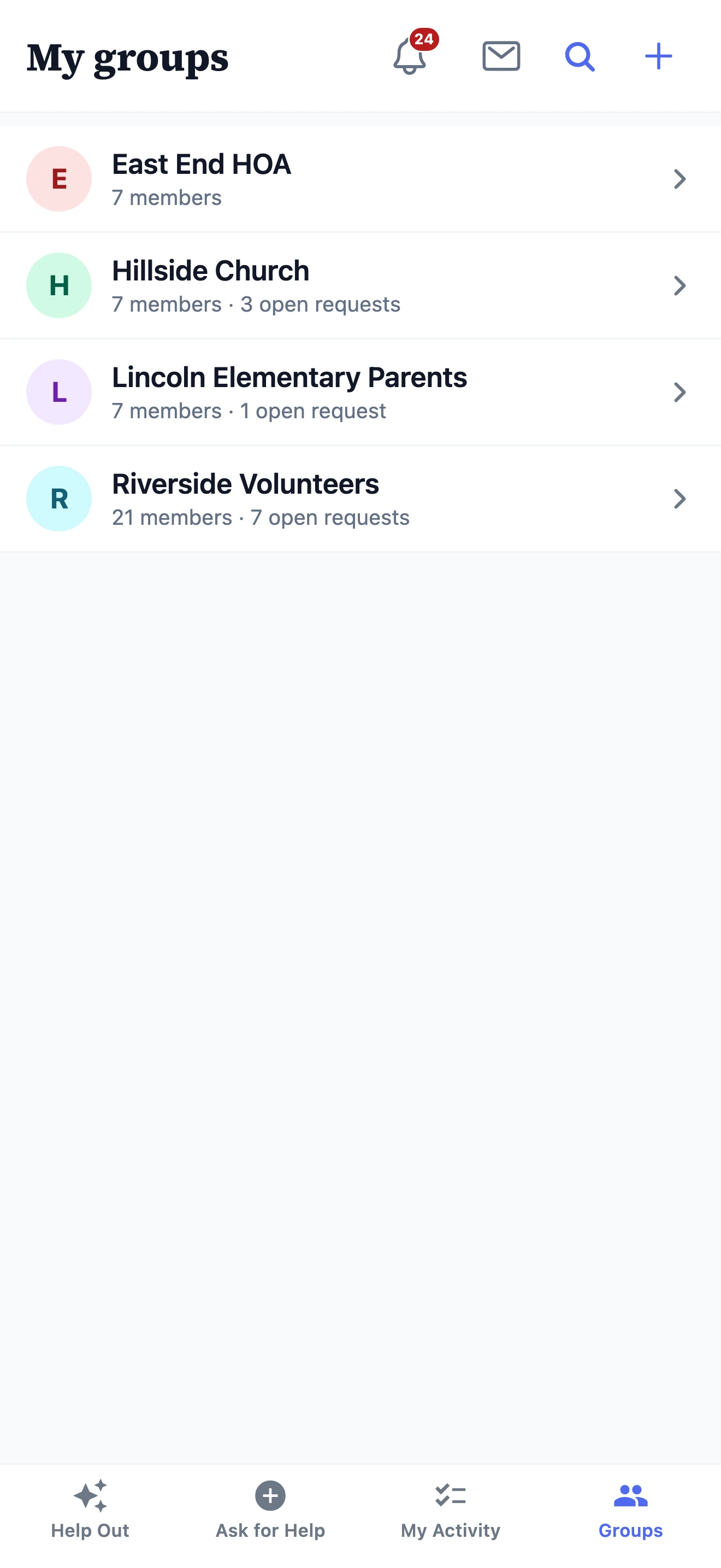 The groups you belong to — an HOA, a church, a school parents’ group, and a volunteer circle — each with its members and open requests.